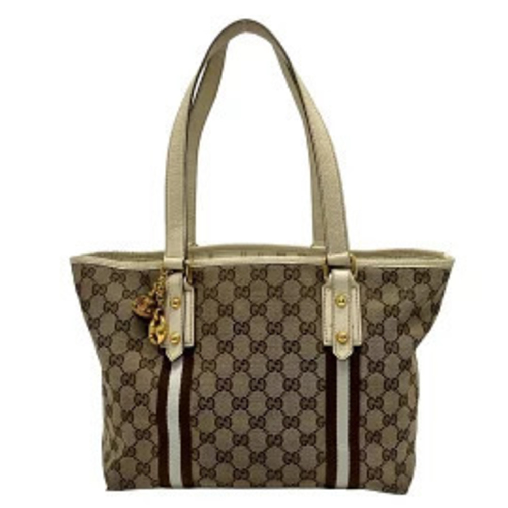 Gucci GG Tote Bag Beige Cream x Dark Brown White Leather
